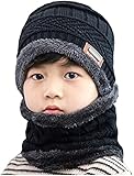 EMPOISON Kids Warm Winter Beanie Hat & Scarf Set for Boys Girls. Stylish Knit Skull Cap with Fleece Lining, Cold Snow Knit Cap, Air Proof Cap, Ear Warmer cap, for 8 Years and Up (Black)