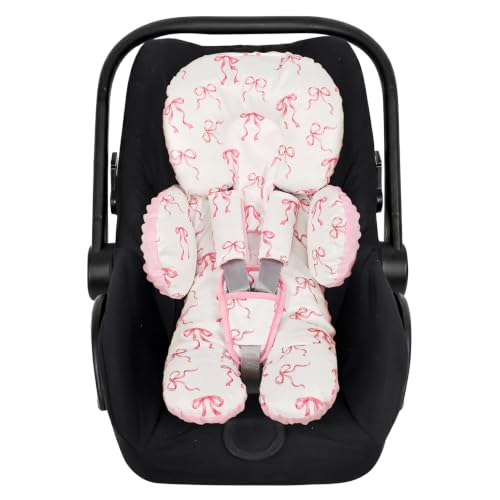 Image of Infant Car Seat Insert for Newborn Girls, Extra Thick & Soft Minky Preemie Car Seat Head Body Support Cushion with Strap Pads, Perfect for Stroller, Baby Swing, Bouncer, 2-in-1 Reversible, Pink Bow