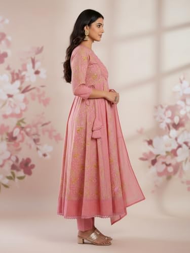 Image of Pure Cotton Anarkali Kurta Set for Women with Dupatta | 3 Piece Cotton Anarkali Suit | Floral Aari Work | Flared Ethnic Wear