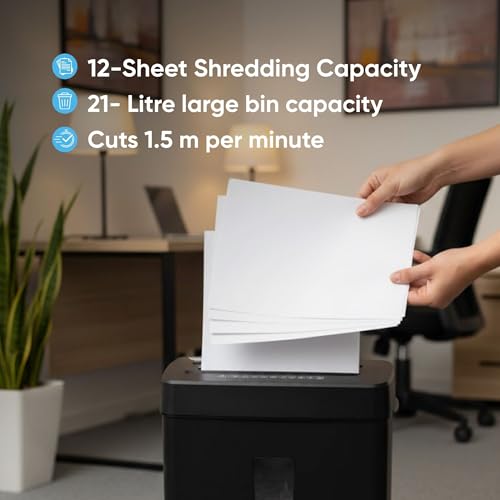 Image of Kores Easy Cut 833N Cross Cut Paper Shredder for Office & Home Use | 12 Sheets High Capacity Shredding | 21 Litre Bin | P4 Security | Overheat & Overload Protection | Credit Card Shredding