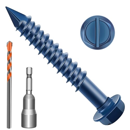 Zynthor 5.5 x 57mm Concrete Screws, 50 Pcs Blue Hex Washer Head Concrete Screws Anchor Kit with Drill Bit and Hex Bit Socket, for Masonry, Cement, Block, Brick or Stucco