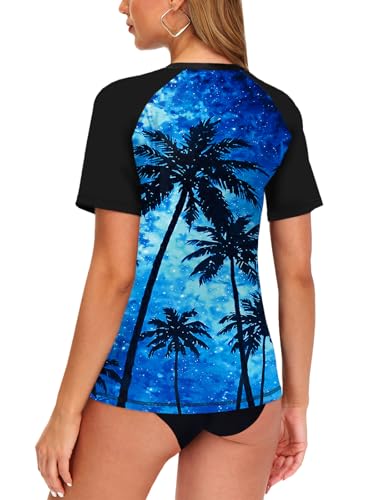 Image of AOBUTE Women Short Sleeve Rash Guard Gradient Sun Protection Swim Shirts