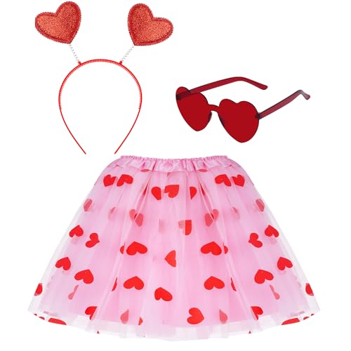 Haakong 3 Pcs 80s Tutu Costume Set for Women Valentine’s Day Costume Accessories Pink Heart With Hea