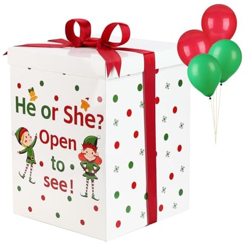 BLOOMWIN Gender Reveal Balloon Box - Christmas Gender Reveal Ideas Xmas Elf Gender Reveal Games - He or She Open to See - Christmas Gift Box with Lid and Ribbon - 11.8"*11.8"*16.1" Cover
