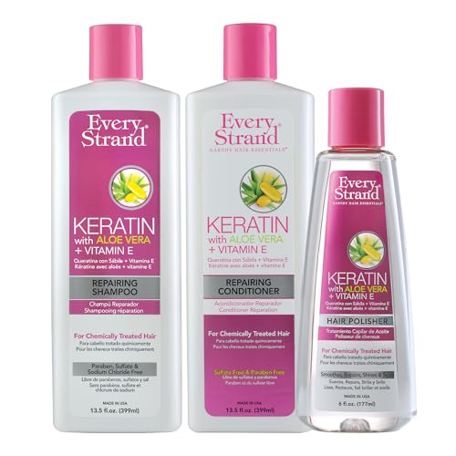 Every Strand Keratin Shampoo and Conditioner Set with 6oz Hair Polisher, Sulfate Free Daily Care for Chemically Treated and Damaged Hair, Infused with Aloe Vera and Vitamin E