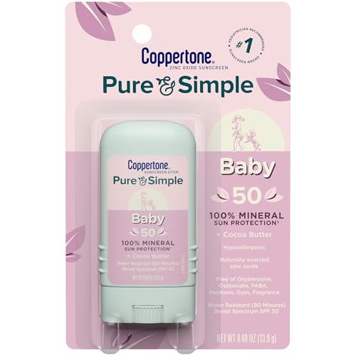 Image of Coppertone Pure and Simple Baby Sunscreen Stick SPF 50, Zinc Oxide Mineral Sunscreen for Baby, Body and Face, 0.49 Oz Stick