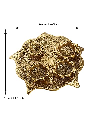 Image of eCraftIndia Golden Metal Swastik Designer Pooja Thali With 3 Bowls And 1 Diya - Traditional Pooja Essential Set For Home, Temple Use - Gift For Family - Suitable For Diwali, Navratri, Pooja Ceremonies