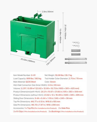 Image of VEVOR Ballast Box, 3-Point Category 1 Tractor Ballast of 800 lbs Capacity, with Standard 2 Inch Hitch Receiver, Heavy-Duty Steel 3.2 ft Large Volume Durable Loader Attachment with Sliding Door, Green