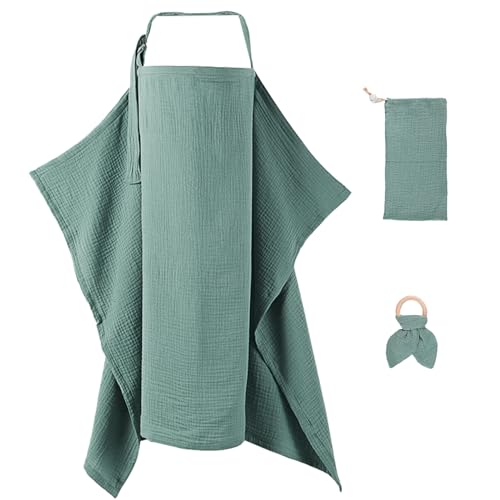 AHRLIC Breathable Cotton Nursing Cover for Baby Breastfeeding & Pumping - Muslin Apron with Adjustable Strap, Wooden Teether & Bag - Lightweight Portable Nursing Scarf for Moms - Olive Green
