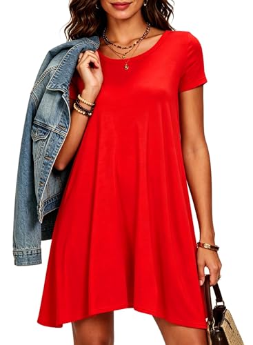 Image of Afibi Womens Short Sleeve Loose Pockets Dress Casual Swing T-Shirt Dresses