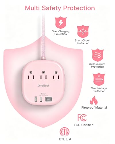 Image of Cruise Ship Travel Essentials, 22.5W /4.5A Flat Plug Power Strip, 6Ft Extension Cord, 3 Outlets 4 USB Ports (2 USB C) Cruise Approved Power Strip No Surge Protection, Desktop Charging Station, Pink