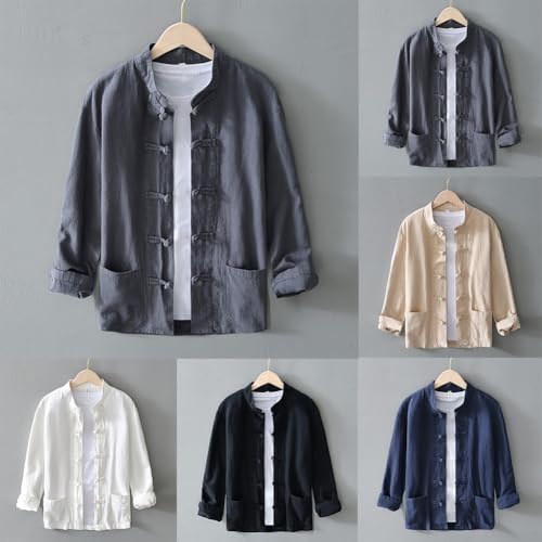Élégant chemisier chinois à manches longues pour homme avec col montant et fermeture à bouton pour un usage quotidien (XL kaki) – vue 3