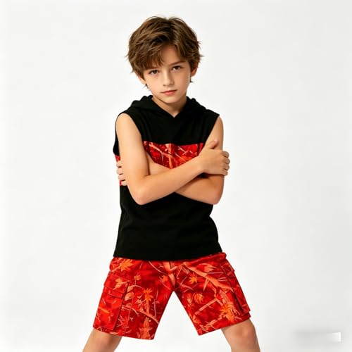 Image of Size 6-12 Years Boys Summer Clothes Hooded Sleeveless Tank Tops Workout Shorts 2 Piece Set Fashion Outfits