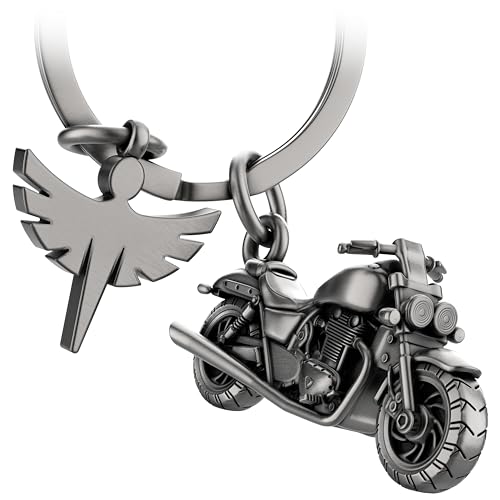 FABACH Porte-clés moto avec ange gardien - Cadeau ange pour motocycliste - Cadeaux moto - Porte-clés porte-bonheur - Conduite prudente, Argent antique, 1,...