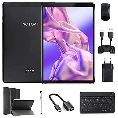 YOTOPT Tablet 10 Pulgadas- 4G LTE Android 11 Tableta, 4GB RAM, 64GB ROM(1 TB TF expandible), Octa-Core, 5MP+8MP, WiFi, Double SIM Card, GPS, Bluetooth, Tablet con Teclado Ratón -Negro Cover