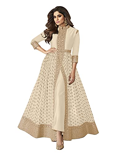 Women's Anarkali Super Model Black Fox Georgette Abaya Style Suit Party Wear Wedding By Rahi Fashion (Large, Cream)