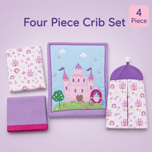 Image of EVERYDAY KIDS 4 Piece Girls Crib Bedding Set -Princess Storyland - Includes Quilt, Fitted Sheet, Dust Ruffle and Diaper Stacker - Nursery Bedding Set - Baby Crib Bedding Set