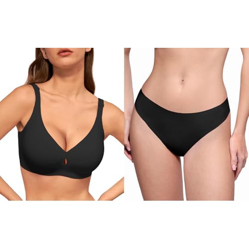 Wave Push Up Wireless Bra Seamless Bras Black M & Cotton Thongs for Women Black M