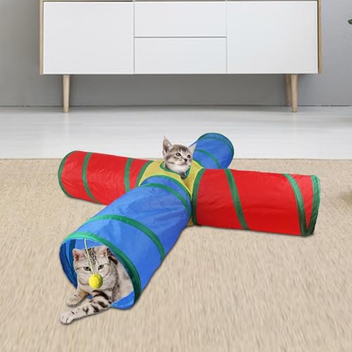 Katzentunnel Spielzeug, Katzentunnel für Katzen, faltbarer 4- Wege- Katzentunnel des Regenbogens- tragbare Tierversuche für interaktive Haustiere mit Schlafball-2