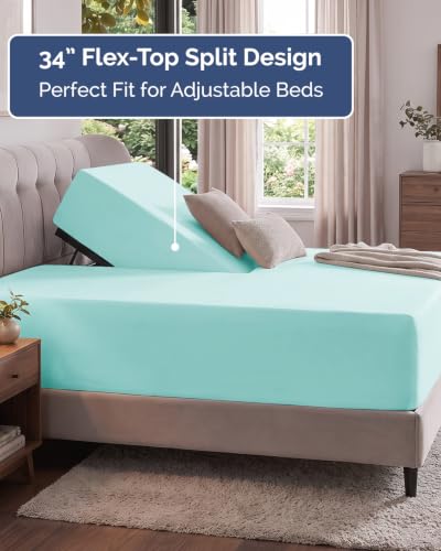 Image of Extra Deep Flex Top Split Head King Fitted Sheet - Hotel Luxury Single Fitted Sheet Only - Easily Fits 18 inch to 24 inch Mattress - Ultra Soft, Wrinkle Free w /Extra Deep Pockets - Spa Blue
