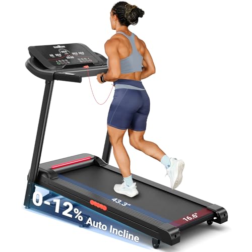 Image of THERUN Incline Treadmill, Treadmill with Incline Brushless Treadmill | 12% auto incline, 400lb, 3.0HP, 18 inch LED, shock-absorbing, wide belt, hydraulic folding, space saving, ipad holder