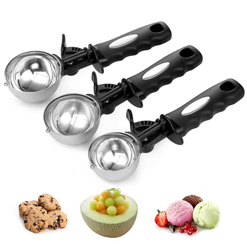 Eisportionierer-Set, großer Keksschaufel-Set 3-teilig zum Backen, 3,25 EL / 4,9 EL / 6 EL Größen mit Daumen-Auslöser, Portionskontrolle für Keksteig, Eis, Cupcake, Muffin, 1,63/2,45/3 OZ