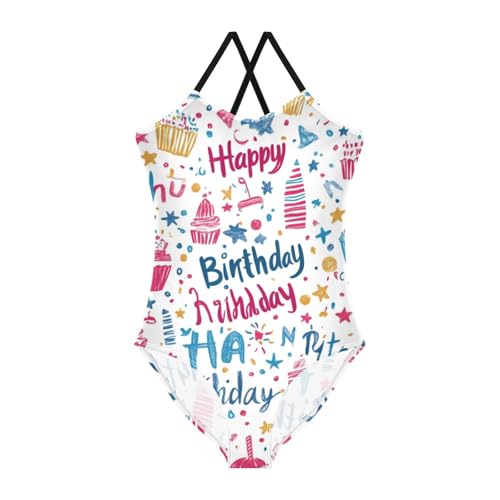 susiyo Happy Birthday Pattern Girls One Piece Swimsuits with Adjustable Straps Bathing Suits for 3-10 Years Old