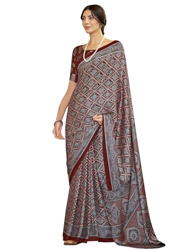 Image of SAREE MALL Women's Ajrkh Print Satin Crepe Polka Dot Printed Saree With Unstitched Blouse Piece