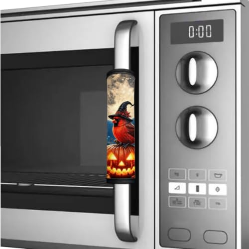 Image of 6 Pcs Refrigerator Microwave Door Handle Covers Electrical Appliances Handle Protector for Halloween Home Kitchen Decor, Cardinal Bird Pumpkin Moon Print