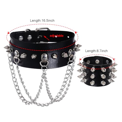 hoyuwak 3Pcs Leather Spike Choker Studded Bracelet Cuffs Set Black Gothic Jewelry Rivet Collar Wristbands Puck Accessories for Men Women 80s Rock Goth Costume Cosplay Decoration2
