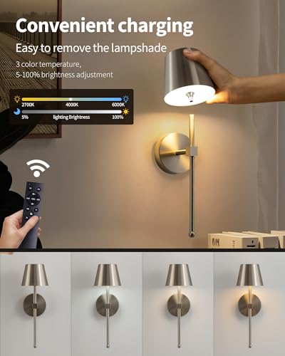 Image of KDG Cordless Wall Sconces Set of 2, Wireless 5200mAh Rechargeable Battery LED Wall Lamps, Wall Lightings for Wall Painting, Outdoor, Garden, Bedside, Hallway, Gifts, Night Light (Brushed Nickel)