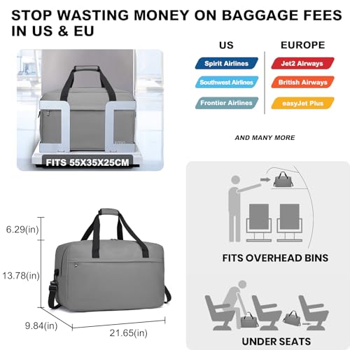 Kono Travel Duffel Bag 48L Large Carry-on Bag Sports Tote Gym Bag Weekender Overnight Bags for Men Women 21.65"x13.78"x9.84" Gray3