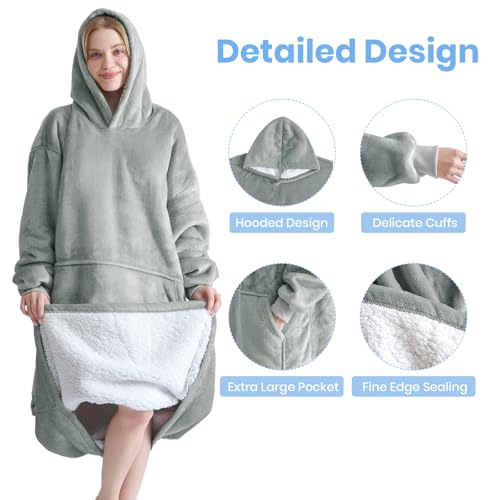 Good Nite Decke mit Ärmeln – Übergroße Sherpa kuscheldecke für Frauen und Männer, Tragbare Warm Decken mit Taschen, Adult Cosy Sweater Hoodie Grau