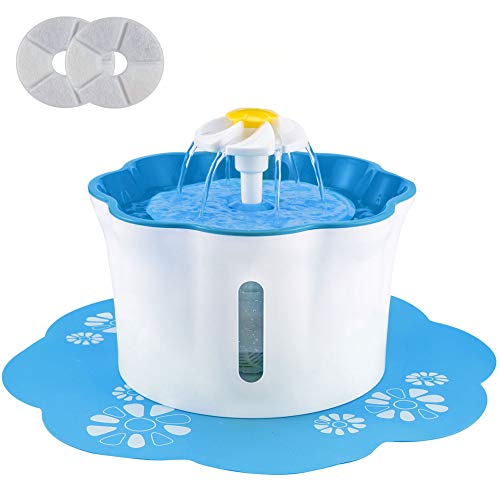 Cat Water Fountain, 2.6L Pet Fountain, Flower Cat Fountain with Silicone Mat and 2 Replacement Filters, Automatic Water Fountain for Cats, Dogs, Small Animals
