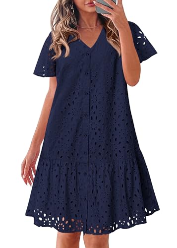 Image of KIRUNDO Eyelet Dresses for Women Button Down Mini Babydoll