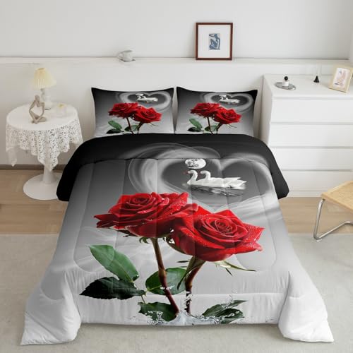 Image of Feelyou Red Rose Bedding Set Swans Couple Comforter Romantic Rose Floral Comforter Set for Men Women Lover Valentine's Day Down Alternative Comforter for All Season Ultra Soft Room Decor Full Size