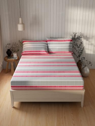 Image of KOPA Extra Smooth Cotton Double Bedsheet with 2 Pillow Covers -3pc Set (Lopez) | Extra Smooth Cotton | 1 Double Bedsheet with 2 King Size Pillow Covers Stripe-red /Grey