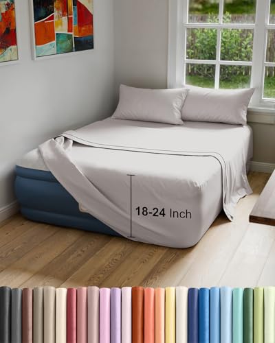 Air Mattress Sheet Set for Queen Size - 4 Piece Breathable & Cooling Sheets w/ Extra Deep Pockets - Fits Inflatable & Blow Up Air Mattresses Up to 24 Inches Thick - Soft & Wrinkle Free - Light Grey