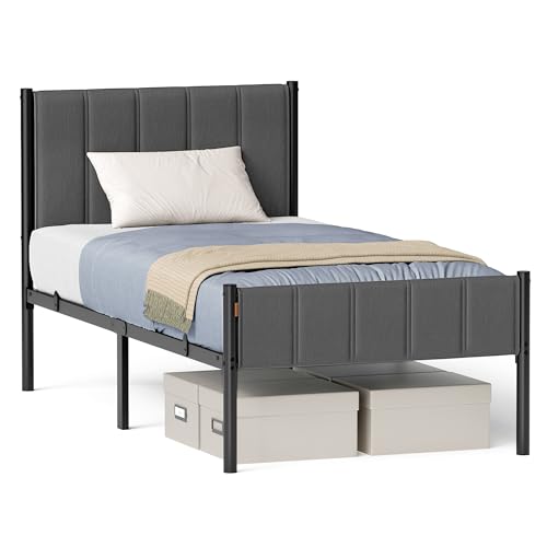 VASAGLE Einzelbettgestell, Bettgestell, 90 x 200 cm, mit gepolstertem Kopfteil, Bettrahmen, Stahl, trägt bis zu 250 kg, einfache Montage, schiefergrau RMB972GN01