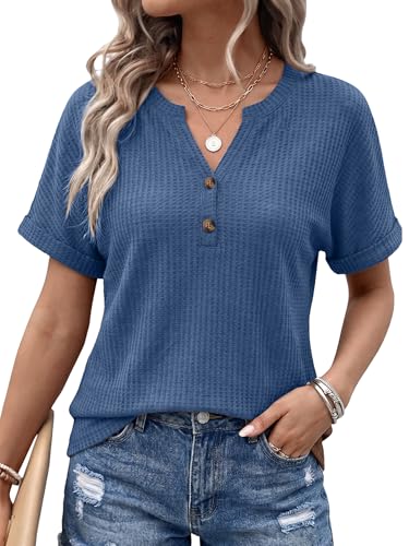 AUMORA Womens Short Sleeve Tops V Neck Casual Waffle Knit Tops Summer Henley Shirts 2026 Trendy Tee Shirts Fashion Clothes Blue