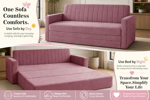 Image of 3-Seater Velvet Sofa Cum Bed with Armrests | Modern Convertible Sleeper Couch | Stylish Sofa Bed for Living Room, Bedroom & Office | Rose Pink