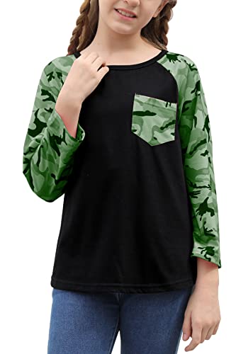 simtuor Girls Patch Pocket Shirt Camo Print Color Block Long Sleeve Tops Crewneck Raglan Casual Tunic Blouses 4-13 Years, Green Black, 10-11 Years
