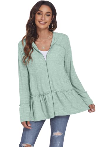 Image of DEESHA Plus Size Zip Up Hoodie for Curvy Women Spring Ruffle Hooded Sweatshirts Jacket Cardigans Lightweight