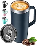 LyriFine Travel Mug with Handle, 24oz Insulated Coffee Mug with Lid, Travel Mugs for Hot and Cold Double-Wall Vacuum Stainless Steel & Sliding Lid for Daily Life, Travel, Office, Blue