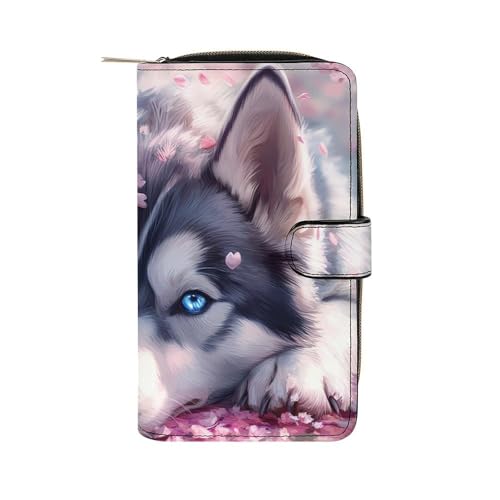 Cute Dog Husky Long Wallet PU Leather Credit Card Holder Durable Zippered Purse Clutch Wallet