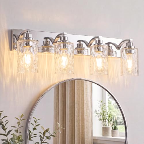 Image of 4-Light Bathroom Light Fixtures Modern Chrome Vanity Lights | Easy to Install Clear Hammered Glass Shades, Rippled Glow, Wall Mount Up or Down, E26 Socket, Hardwired, 120V