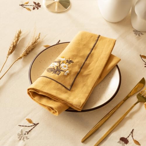Image of Golden Daisy Embroidered Cotton Napkins Set of 6, 16x16 Inch, Floral Yellow Flower Dinner & Cocktail Napkins, Reusable Machine Washable Cloth Napkins for Dining Table, Tea Party & Home Decor