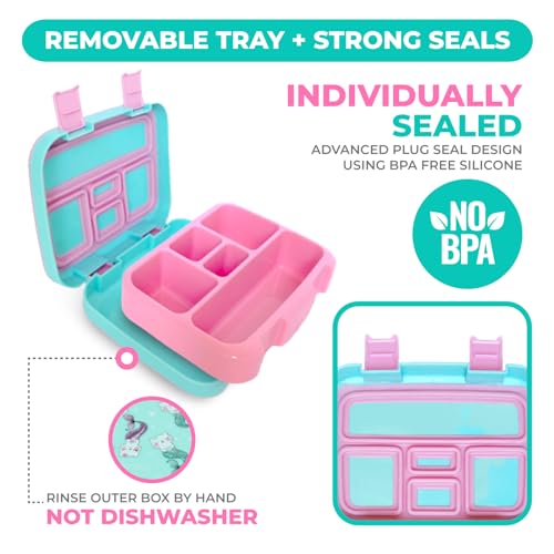 Image of Kinsho Bento Lunch Box for Kids Toddlers, 5 Portion Control Sections, BPA Free Removable Plastic Tray, Pre-School Kid Toddler Daycare Lunches, Snack Container Ages 3 to 7 (Aqua Cat Mermaid)