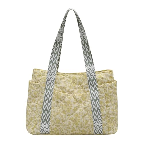 Tote Bag for Women, Lightweight Floral Tote Work Bags for Travel, Cotton Quilted Shoulder Bag with Zipper