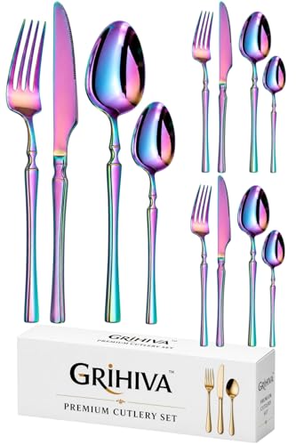 Image of 12 Pcs Rainbow Slim Handle Stainless Steel Cutlery Set for Dining Table with Spoons and Forks Set + Butterknives - The Perfect Tableware /Flatware